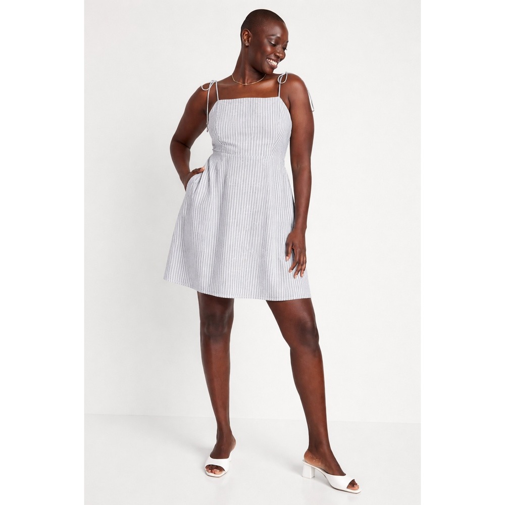 NWT Old Navy Womens Blue White Striped Linen Blend Tie Strap Fit & Flare Dress M